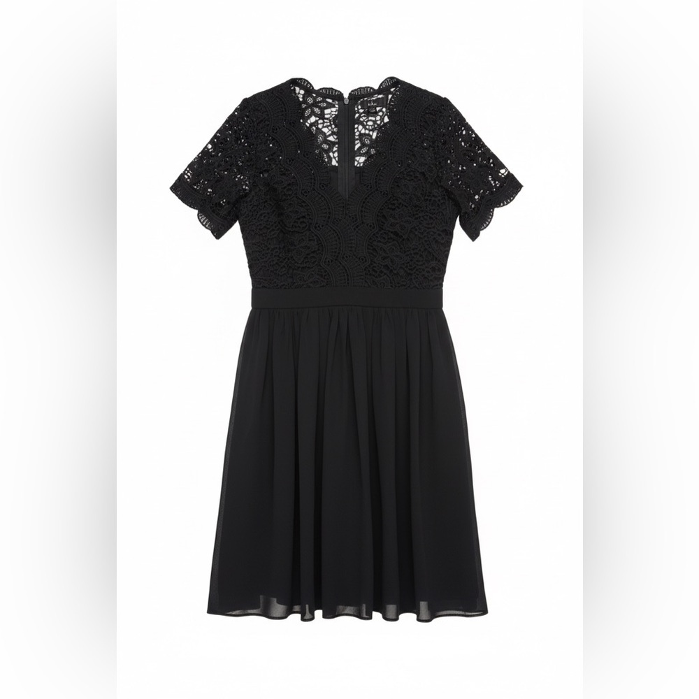 Lulus Black Lace Dress Womens Large Fit Flare Short‎ Sleeve Chiffon